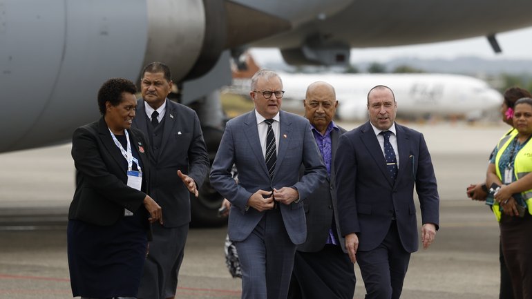 Prime Minister Anthony Albanese walks from the plane after landing at Nadi Airport on October 05, 2026 in Nadi, Fiji. 