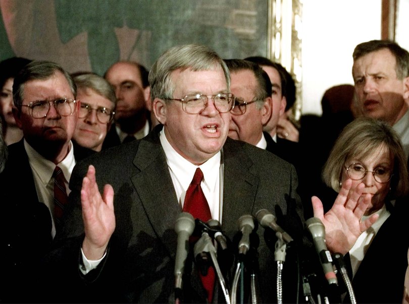 Dennis Hastert gestures on Capitol Hill Tuesday, January 5, 1999, after being nominated to become the next House Speaker.