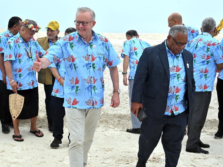 Anthony Albanese arrives in Tuvalu on Tuesday.