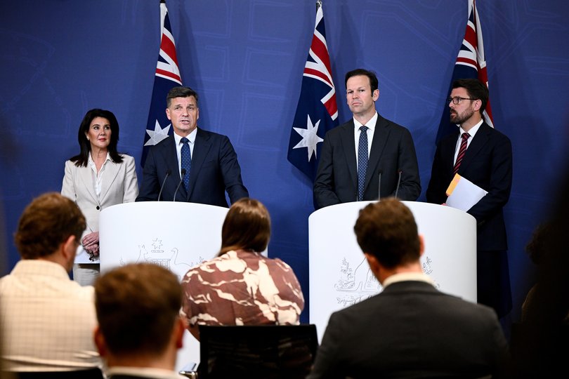 Deputy Leader of the Opposition Jane Hume, Leader of the Opposition Angus Taylor, Nationals Leader Matt Canavan, and Shadow Minister for Home Affairs Jonathon Duniam speak to the media.