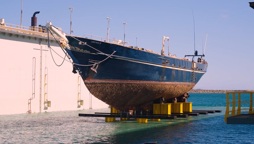 The STS Leeuwin II going into dry dock at the Australian Marine Complex, Henderson Picture: Unknown