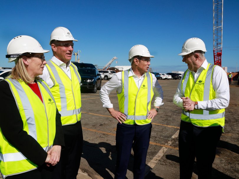 The Prime Minister, Anthony Albanese, at BAE Systems Australia, in Henderson where he gave a press conference alongside the Premier of Western Australia, Roger Cook.