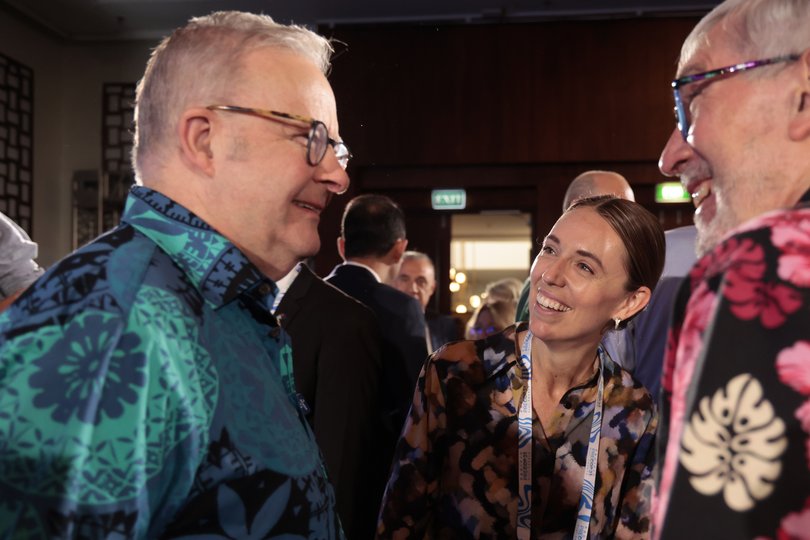 Prime Minister Anthony Albanese speaks with former Prime Minister of New Zealand Jacinda Ardern at Nadi on October 07, 2026 in Nadi, Fiji. 