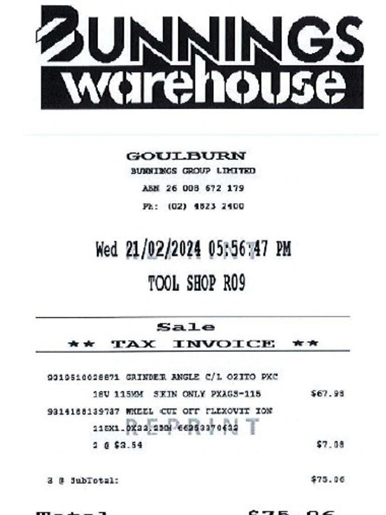 A receipt from Bunnings Goulburn showing the purchase of an angle grinder. Picture: Court exhibit.