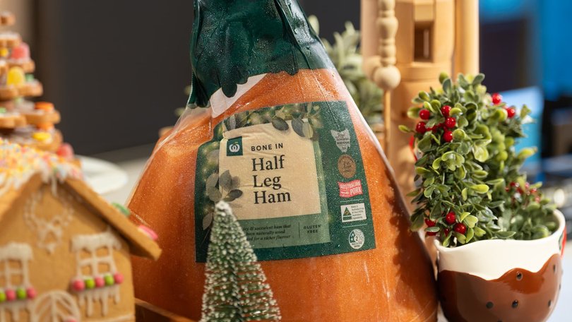 A Woolworths bone-in half leg ham from the supermarket’s 2026 Christmas range. Picture: Woolworths