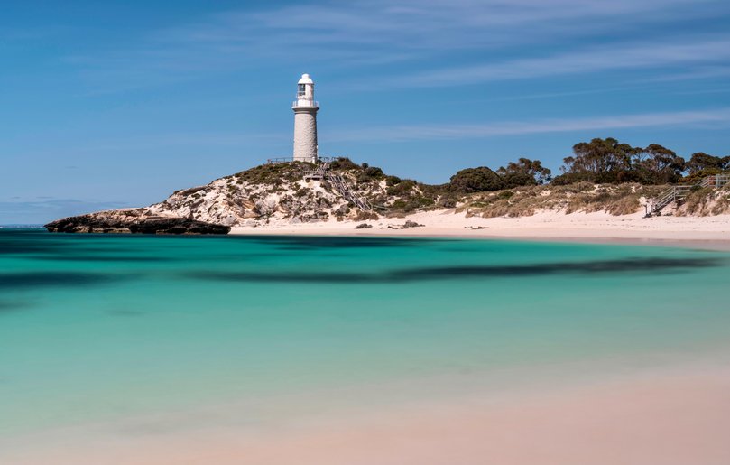 The Bathurst Lighthouse, on Pinky Beach, Rottnest Island.