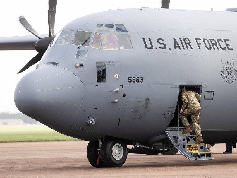 Ground crew tend to a US Air Force C-130 at Fairford.