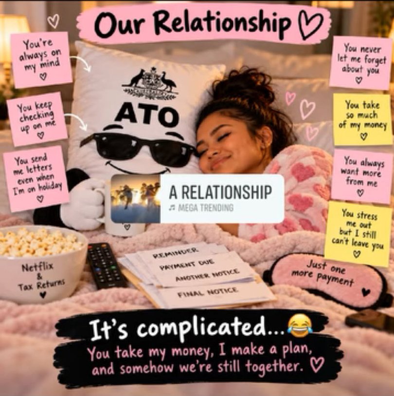 AI memes of small business owners declaring they’re “in a relationship” with the ATO.