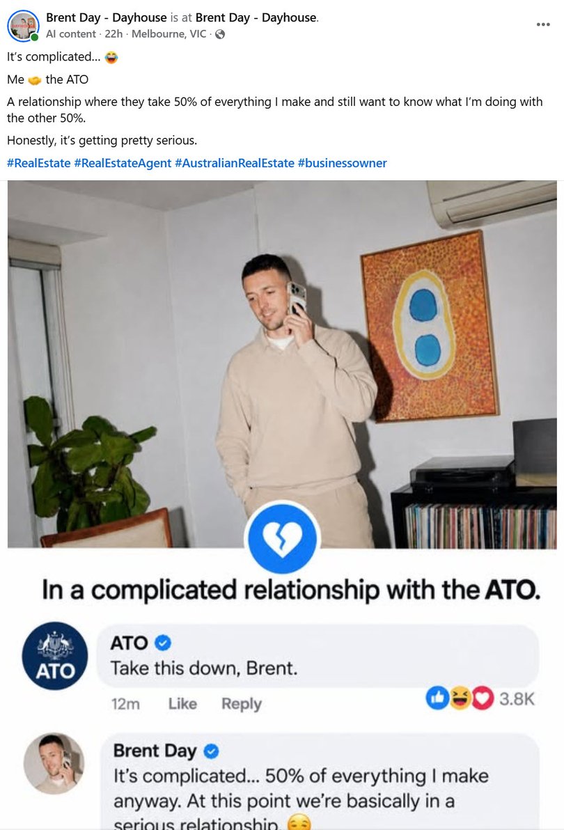 Real estate agent Brent Day posted that he was in “a complicated relationship with the ATO.”