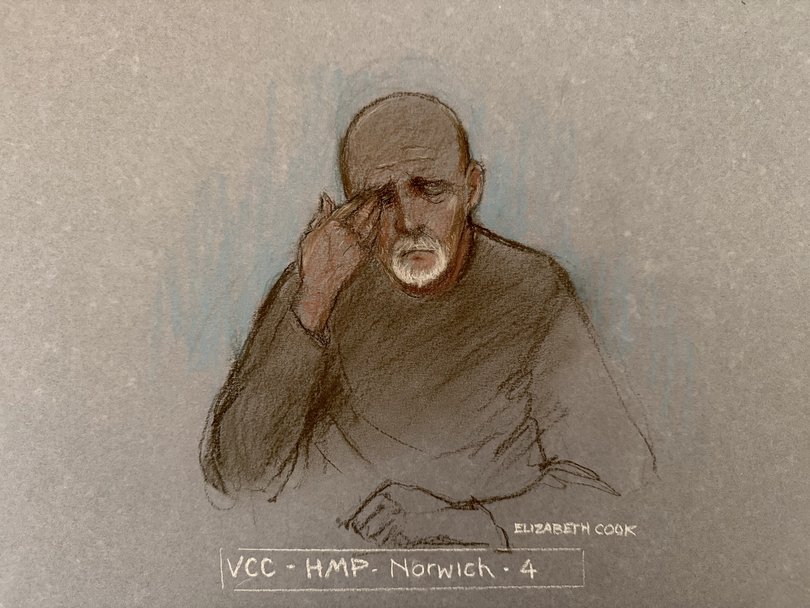 Court artist sketch by Elizabeth Cook of Mark Cain appearing via videolink at King's Lynn Crown Court in King's Lynn, Norfolk, where he is accused of the murder of his wife, 45-year-old Dr Hannah Cain.