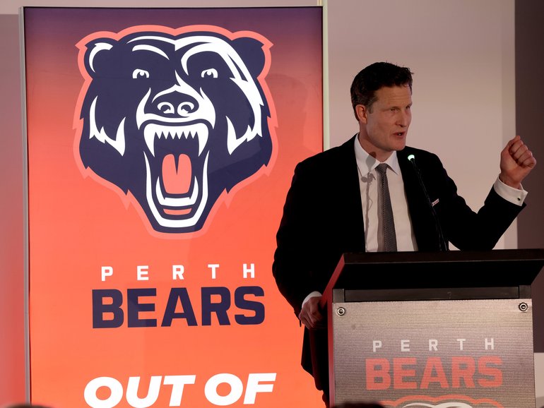 Perth Bears CEO Anthony De Ceglie speaks during the Perth Bears Jersey launch at the WACA Ground in Perth, Friday, August 7, 2026. (AAP Image/Colin Murty) NO ARCHIVING