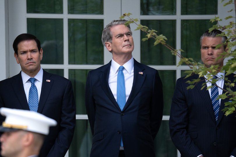 From left, Secretary of State Marco Rubio, Treasury Secretary Scott Bessent and Defense Secretary Pete Hegseth attend a military review at the White House last month. 
