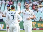 Josh Hazlewood of Australia celebrates the wicket of Ryan Rickelton.