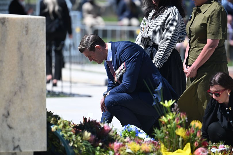 Ben Roberts-Smith lays a wreath at the national commemorative service marking the 25th anniversary of Australian service at the Australian War Memorial.