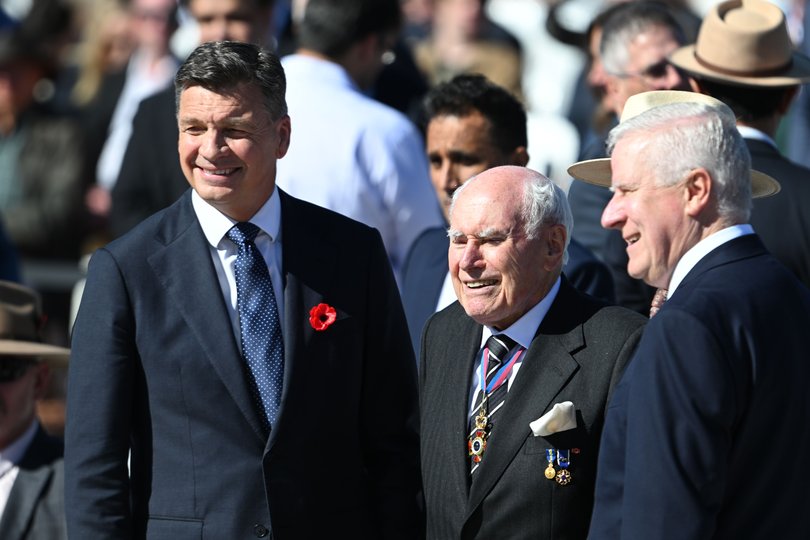 Angus Taylor, John Howard and Michael McCormack attend the national commemorative service marking the 25th anniversary of Australian service in Afghanistan at the Australian War Memorial.