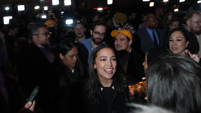 Alexandria Ocasio-Cortez at an election night watch party for Zohran Mamdani.