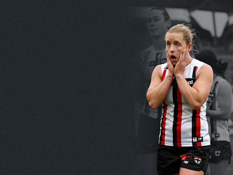 Jaimee Lambert of the Saints looks dejected after a loss during the 2026 AFLW Round 08 match between the Western Bulldogs and the St Kilda Saints.