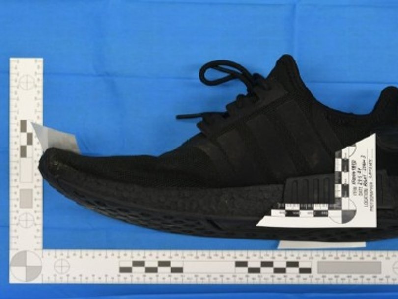 Bloodstains were found on a pair of Adidas shoes discovered near the bodies. Picture: Court exhibit.