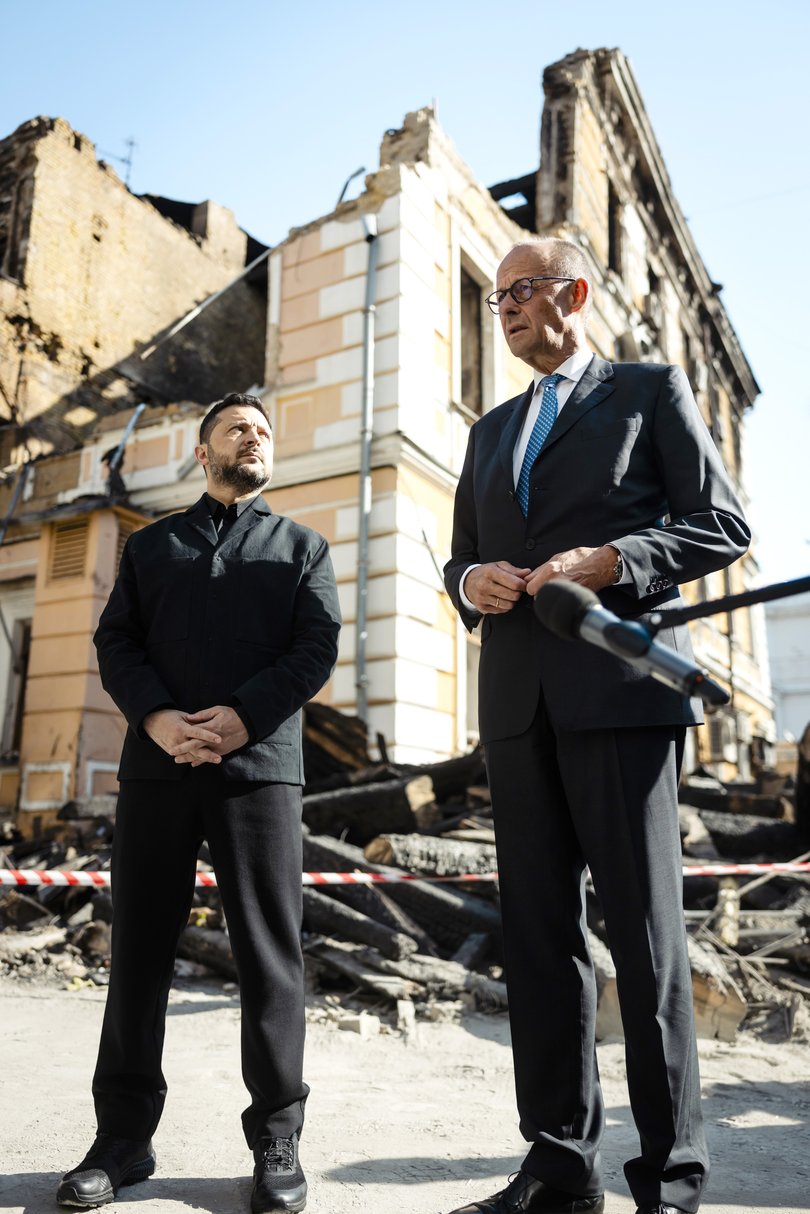 Volodymyr Zelenskyy and Germam Chancellor Friedrich Merz visit the site of a Russian air strike in Kyiv, Ukraine. 