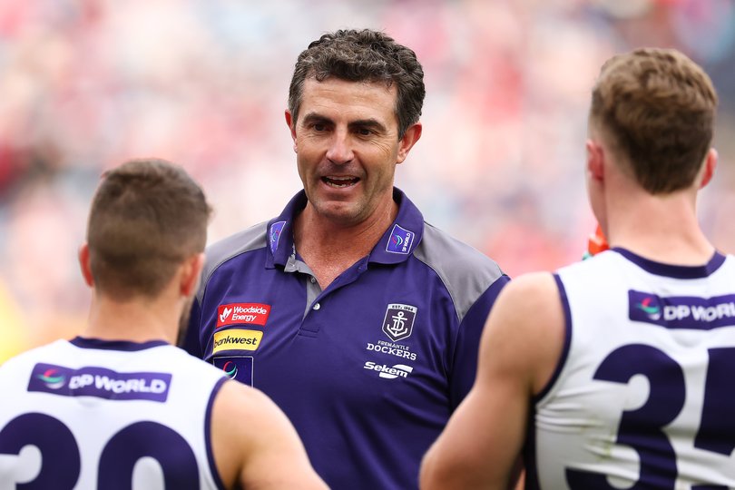 MELBOURNE, AUSTRALIA - AUGUST 08: Jaymie Graham, Assistant Coach of the Dockers speaks to the team during the round 22 AFL match between Melbourne Demons and Fremantle Dockers at Melbourne Cricket Ground, on August 08, 2026, in Melbourne, Australia. (Photo by Daniel Pockett/Getty Images via AFL Photos)