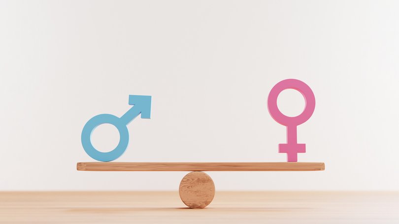 Blue man sign and pink woman sign on balance wooden seesaws for equal business human right and gender concept by 3d rendering.