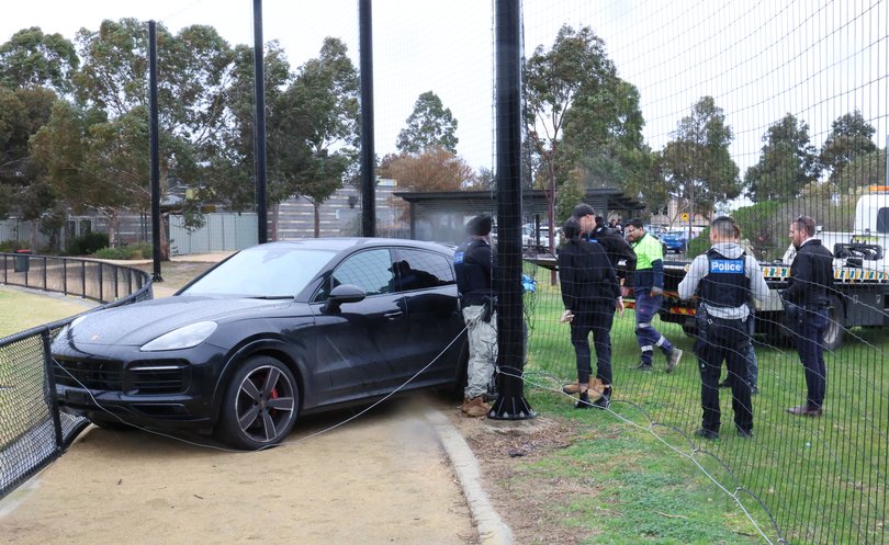 Victoria Police chased and caught a group in a stolen car that ended up on the sports field of Manor Lakes College in Wyndham Vale.