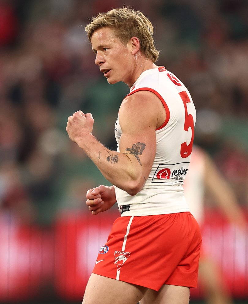 Isaac Heeney of the Swans celebrates a goal during the 2026 AFL Round 23 match.