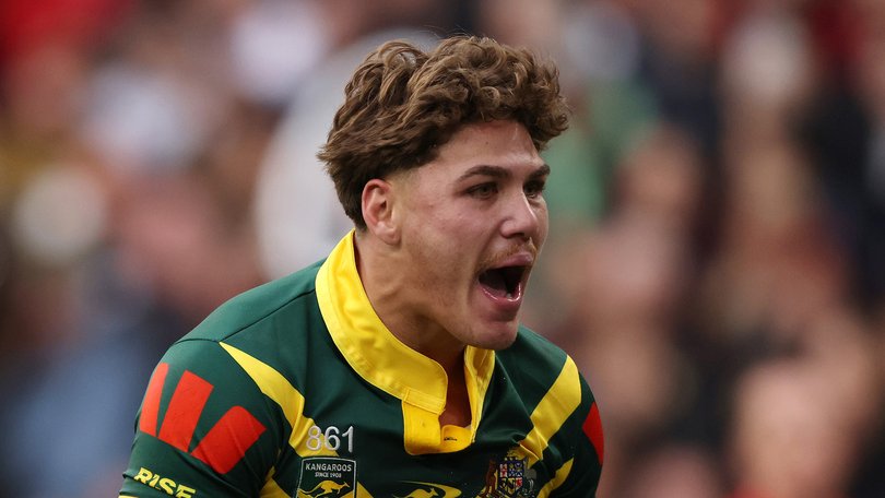Reece Walsh of Australia celebrates scoring his team's fourth try during the Rugby League Ashes match between England and Australia.