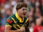 Reece Walsh of Australia celebrates scoring his team's fourth try during the Rugby League Ashes match between England and Australia.