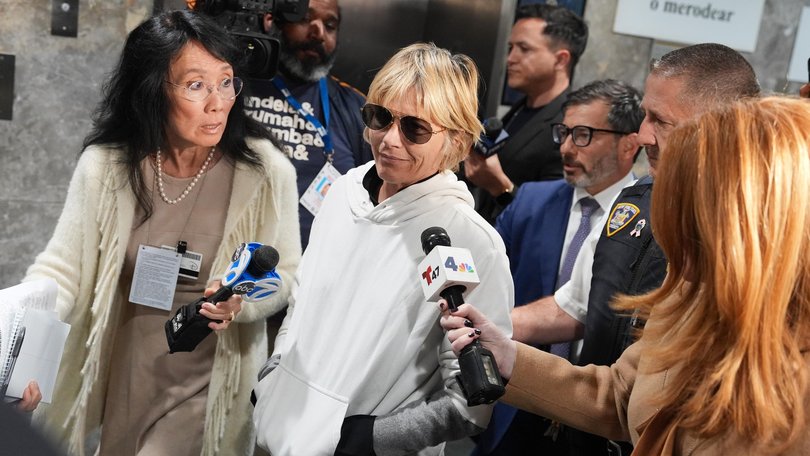 Selma Blair leaves court on Monday, Oct. 12, 2026, in New York after her arraignment on charges of injuring two flight attendants during a cross-country flight. 