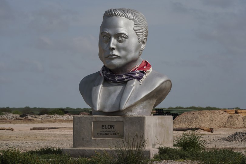 A giant bust of Elon Musk near SpaceX headquarters in Brownsville, Texas,