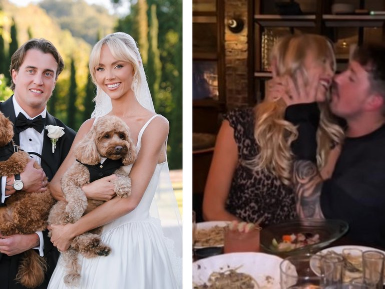 Annie Knight and Henry Brayshaw at their October wedding and, right, Knight and influencer Ryan Pownall in Los Angeles in 2025.