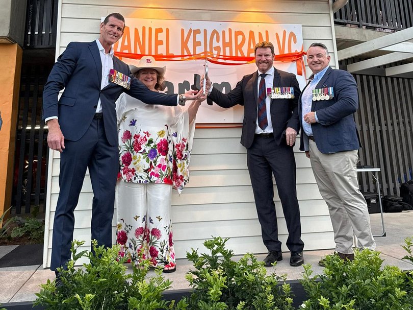 Ben Roberts-Smith, businesswoman Gina Rinehart, Victoria Cross recipient Daniel Keighran and Veterans Housing Australia chief executive Robert Miller in Norman Park, Brisbane.