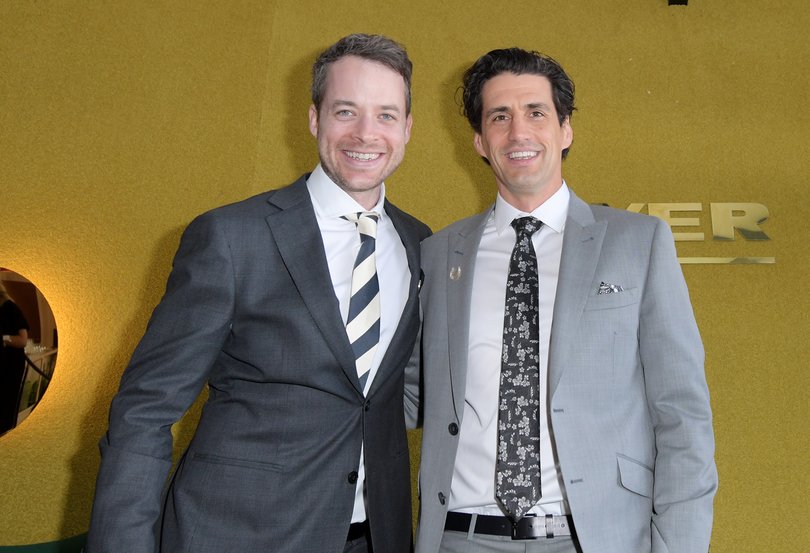 Hamish Blake and Andy Lee at the Myer Marquee in the Birdcage on Victoria Derby Day at Flemington Racecourse in 2017.