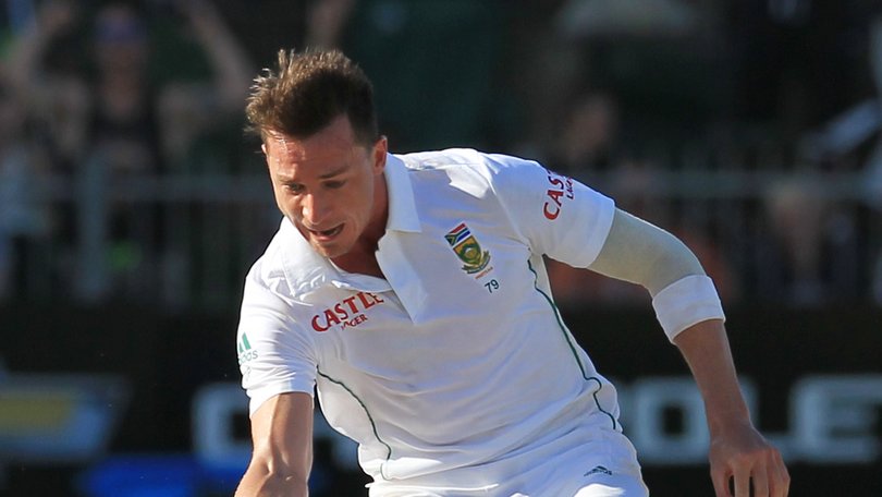 South Africa's bowler Dale Steyn, points at fallen stump after bowling Australia's batsman Brad Haddin for 1 run on the fourth day of their second cricket test match at St George's Park in Port Elizabeth, South Africa, Sunday, Feb. 23, 2014. (AP Photo/ Themba Hadebe)