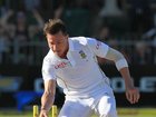 South Africa's bowler Dale Steyn, points at fallen stump after bowling Australia's batsman Brad Haddin for 1 run on the fourth day of their second cricket test match at St George's Park in Port Elizabeth, South Africa, Sunday, Feb. 23, 2014. (AP Photo/ Themba Hadebe)