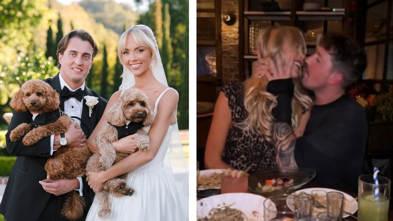 Annie Knight and Henry Brayshaw at their October wedding and, right, Knight and influencer Ryan Pownall in Los Angeles in 2025.