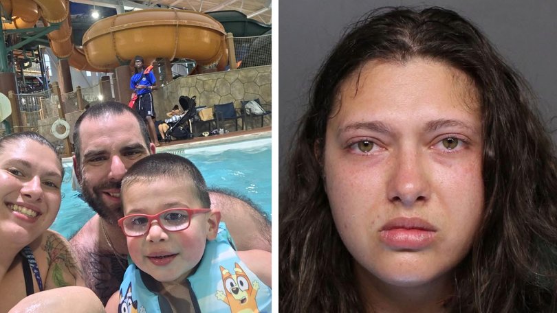 Metallica Rose Harrison, left, with slain husband Charles and son Tristan, and, right, in a police mugshot.