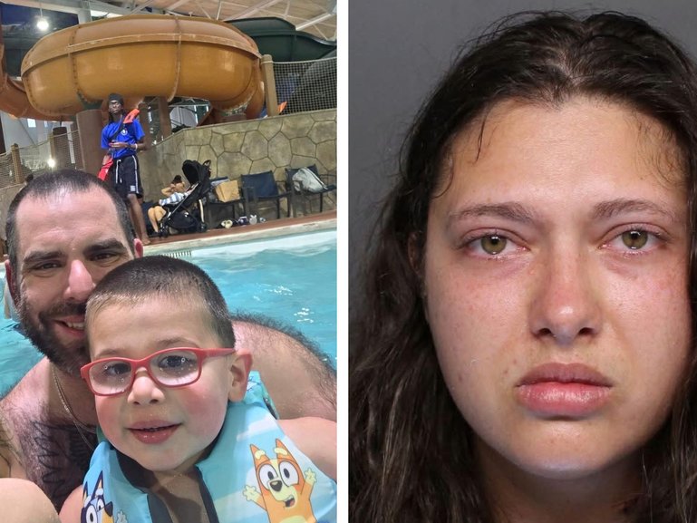 Metallica Rose Harrison, left, with slain husband Charles and son Tristan, and, right, in a police mugshot.