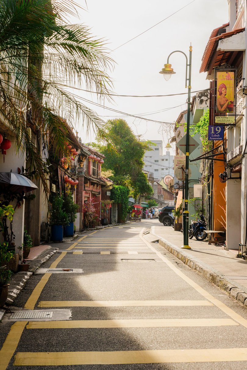 A street lined with shophouses in George Town.