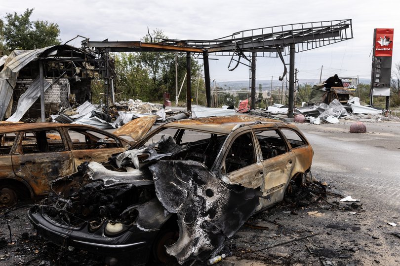 A petrol station destroyed in a Russian attack.