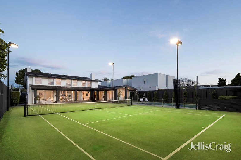 A netted tennis court.