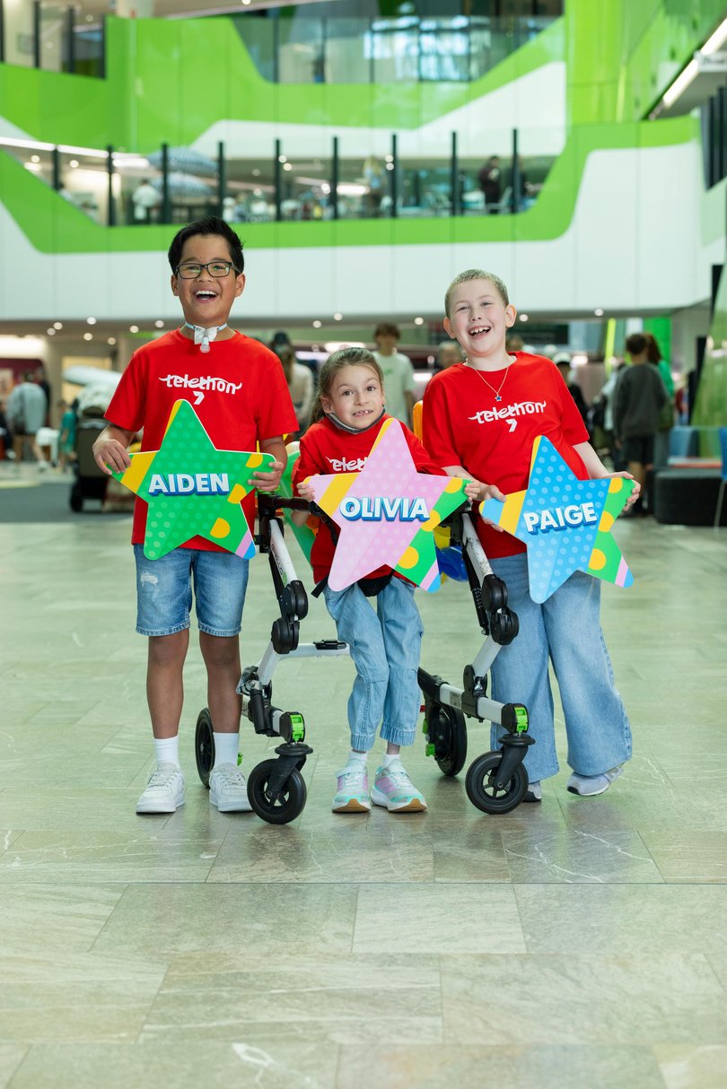 Our Little Telethon Stars Aiden Narsico, 9, Paige McKay, 8, and Olivia Street, 7, at Perth Childrens Hospital.