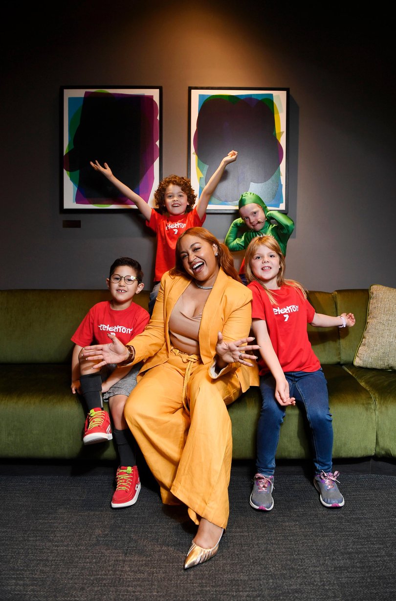 Jessica Mauboy with telethon kids, from left, Harrison Carthew, Connor Barrett, Emily Houston, and Sophia Marshall.