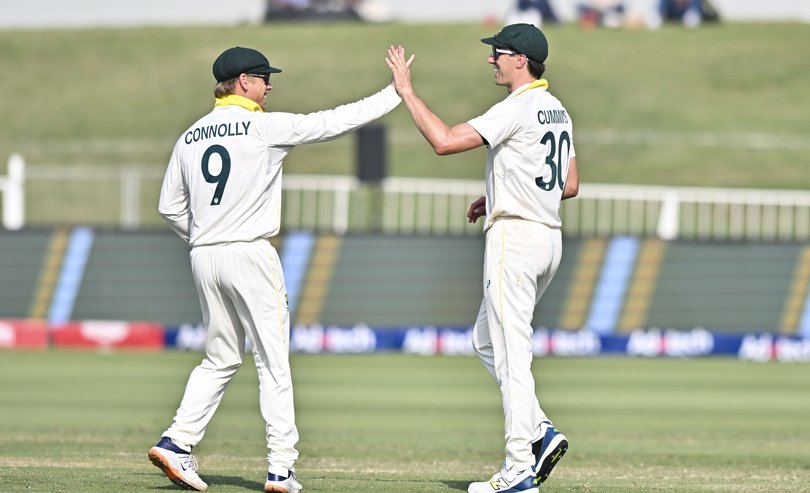 Cooper Connolly of Australia congratulates Pat Cummins, Captain of Australia after he caught the ball from Keshav Maharaj.