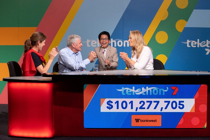 Kerry Stokes and 2026 Little Telethon Star Aiden Narsico, 9, react to the final tally.