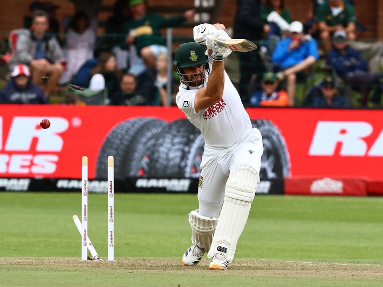 Aiden Markram of South Africa loses their wicket.