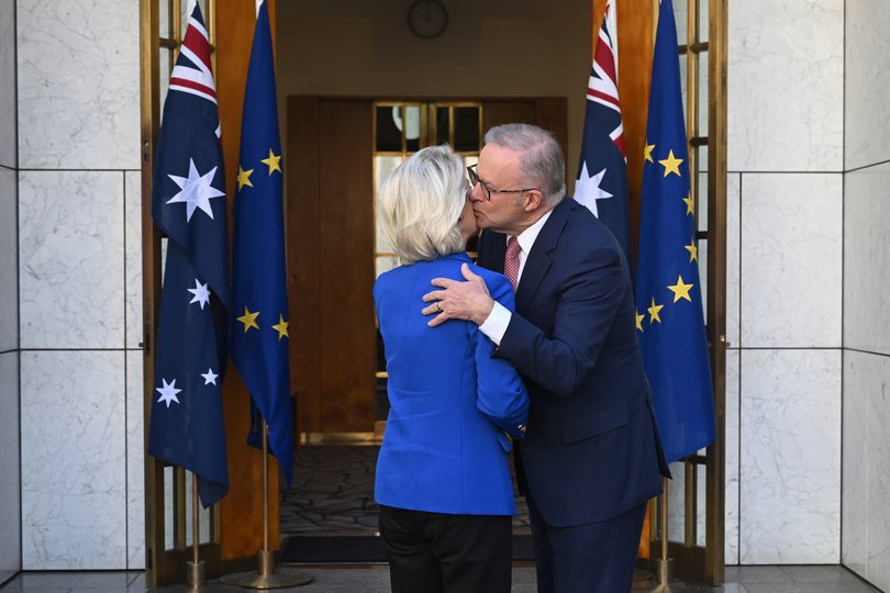 President of the European Commission Ursula von der Leyen is greeted by Australian Prime Minister Anthony Albanese during a visit to Australia, Parliament House in Canberra, Tuesday, March 24, 2026. 