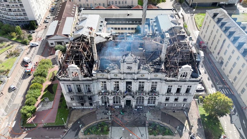 The destroyed Limoges city hall after being set on fire, a day after nationwide protests.