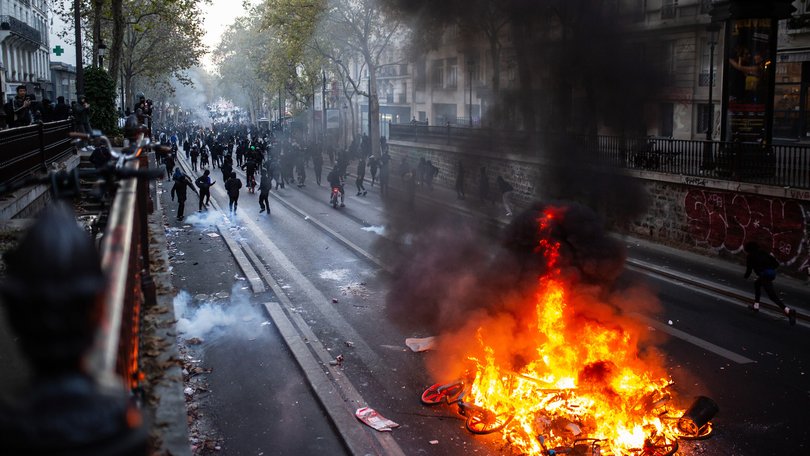 Police clash with protesters during a demonstration amid a nationwide mobilisation over rising living costs, fuel prices and education funding in Paris, France, on October 18, 2026.